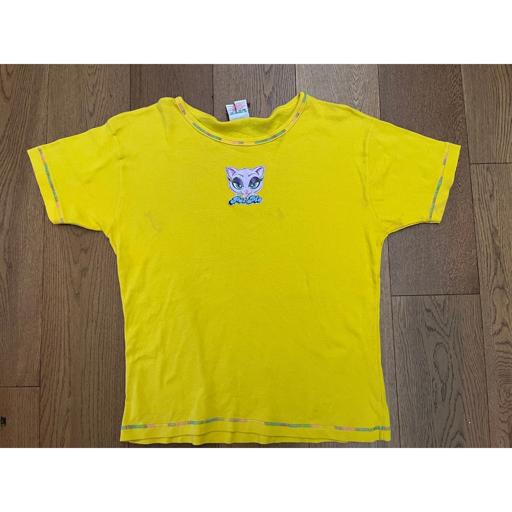 Vintage Y2K Harley Davidson Pet Me Cat Graphic T-Shirt Yellow Rainbow Stitch 2X